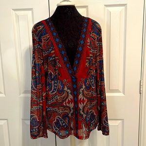 INC Ladies Floral Multicolor V-Neck Sheer Blouse Long Sleeves SZ-XL